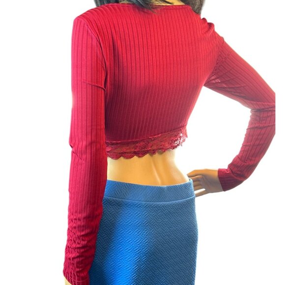 Red Long Sleeve Ribbed Crop Shirt Lace Trim V-Neck Small Y2K Cyber Retro - Picture 4 of 6